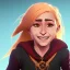 Placeholder: Portrait of a smiling 10 year old witch girl with blonde bangs on her forehead