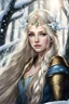 Placeholder: White hair,Elven princess,elven crown,dark fairy princess,very long blonde golden hair,rapunzel hair,thick long hair,elven ears,golden armor,ice crystals,snow,ice,icy flowers,sparkling,glittering,beautiful blue eyes,loose very long hair