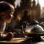 Placeholder: A teapot is shining and a child is looking at it, laughing, and the child’s image is reflected in the teapot, and behind the child is the reflection of a destroyed city.