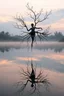 Placeholder: [High-resolution surrealist photography], [A floating Darwis fuse with tree branches, with roots growing from its body and delicate leaves sprouting from the hand, hovering above a calm, reflective lake at dawn], [magical and poetic look, merging nature and music to evoke a sense of harmony and life emerging from sound], [outdoor setting with a serene lake, where the still dancer perfectly reflects the and the soft, pastel-colored sky, creating a mirror-like effect], gentle, golden morn