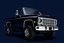 Placeholder: front corner 1973 GMC square body truck(lifted) facing to viewer's left, navy blue background, high contrast black and white vector