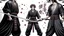 Placeholder: yujiro hanma vs yoriichi tsugukuni, baki vs kimetsu no yaiba, two mans standing in front of each other, a big strong man in black shirt with red hair and evil grin in martial art's stance facing a smaller feminine swordsman with long hair and calm face reaching for his sword in traditional japanese clothes both preparing to fight each other