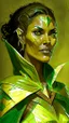 Placeholder: A tall woman with tanned skin. Her face, marked by the years, always has a smirk on it, showing her superiority in the eyes of the others. She is dressed in leather armor and wears a yellow and green cape. A scar runs from her right ear to her neck.