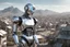 Placeholder: silver humanoid robot, with a human face, standing looking over a small alien town