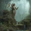 Placeholder: old one statue rock godess athena, abandoned between moutain, swamp, water, glass, fog, highly realistic, highly detailed, intricate, 8k