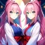 Placeholder: Clear focus, 8k, high quality, detailed, beautiful lighting, girl, vibrant colors, pink long hair, vibrant blue eyes, twins, miko, ponytail