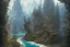 Placeholder: mountain river flows through a fantasy landscape gorge. a big blue lake in the middle of the mountains. fabulous nature, amazing seascape, highly detailed, digital painting, artstation, concept art, smooth, sharp focus, illustration, art by greg rutkowski and alphonse mucha