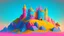 Placeholder: Pink, orange, yellow, dark blue and aqua blue castle on a hill