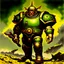 Placeholder: 90's TCG art retro fantasy art of nuclear warrior with huge pauldrons in wasteland