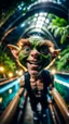 Placeholder: portrait of fisheye selfie by hairy pimp rocker alien giant gremlin on bridge over water slide dancing in dark lit reflective wet jungle hall tunnel,bokeh like f/0.8, tilt-shift lens 8k, high detail, smooth render, down-light, unreal engine, prize winning