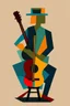 Placeholder: a jazz guitar player sitting on a stool in the style of Paul Klee
