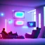 Placeholder: concept of futuristic living room, cyborg is sitting on sofa and watches tv, cinema 4d, blender, complex, beautyfull, 8k, neon lights,