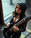 Placeholder: beautiful busty woman(wearing a dark lace hoodie) playing an electric guitar at high angle