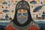 Placeholder: Maud Lewis oil painting a dreaming beard Actor embroidered knitted armor metal tight-fitting beard Knights Brotherhood, helmet fish face-mask, sergei parajanov movie in the misty temple