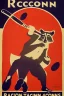 Placeholder: old man in 1928 poster advertising racoon tennis, raccons flying in air between tennis rackets while humans::4 use them as a tennis ball