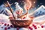 Placeholder: whipped cream peaks in a copper whisk (60% of the picture), cute chibi kids sledding down the peaks, a wire whisk next to the cauldron, raspberry seeds in sunshine, watercolor and black ink outlines, sparkling golden glitter, ethereal, cinematic postprocessing, bokeh, dof