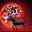 Placeholder: red samurai riding a red rhino, full moon, transparent background