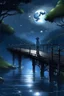 Placeholder: Boy, rain, night, moon, lake, bridge, forest,anime