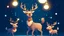 Placeholder: fantasy cartoon style illustration: happy reindeer lights Christmas lanterns and sings creating a joyful atmosphere.