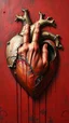 Placeholder: Bosch style painting , A 3D whole hand coming out of the middle of a rusty metallic open heart in details on red bloody background