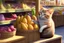 Placeholder: cute contented cat is shopping in a foodstore in sunshine. Food, fruits