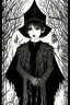 Placeholder: 7 year old boy, necromancer, friendly, looks dead, with weird mushrooms growing out of him, wearing black robes, in the style of Harry Clarke