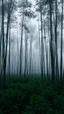 Placeholder: Field of bamboos gray trees in dim light , foggy, sad, cloudy, atmosphere,