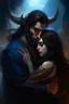 Placeholder: Painting, Beard, dark hair, demon prince, horns, handsome, mysterious, gentle, hugging a beautiful woman with long dark hair, celestial