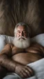 Placeholder: photography of a sicilian giant chubby man 65 years old, white beard, very hairy, shirtless, manly chest, lying down in the bed relaxing, aerial view, big shoulders, manly shoulders, dim lights, side light, white sheets, photorealistic, photographic, 32k