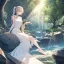 Placeholder: anime girl meditating, rock trees, birds, creek, white dress, girl sitting down on rock, rays of sun, girls back is turned away.