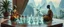 Placeholder: alien levitating yoga monk chess masters playing serious glowing chess on hex map in lounge on beautiful lush planet with huge transparent bird glass alien chess pieces of ships in fountain, also a god piece