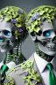 Placeholder: Surreal Couple Made Of Metal Skeletons With Flowering Vines Growing Through; Wearing Blue Gray Green Striped Business Suits With Paisley Shirts And Ties; Surreal, Intricately Detailed, Beautiful, Colorful