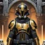 Placeholder: star wars bald male corellian pilot wearing pearlescent black and gunmetal grey First Order special forces heavy assault stealth commando armor and helmet with gold trim inside the jedi temple, hyperdetailed, dynamic lighting, hyperdetailed background, 8k resolution, volumetric lighting, light skin, fully symmetric details