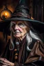 Placeholder: Old White-haired Witchery Witch in her pointed hat ready for the Coven in rusty autumn leaves and silver cobwebs. with burnished browns and abyss black.