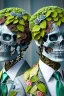 Placeholder: Surreal Couple Made Of Metal Skeletons With Flowering Vines Growing Through; Wearing Blue Gray Green Striped Business Suits With Paisley Shirts And Ties; Surreal, Intricately Detailed, Beautiful, Colorful