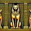 Placeholder: Cubism iridescent 3D-shaded Egyptian abstract art in Morris Hirshfield's richly textured style on weathered parchment. Engraved Egyptian glyphs. Highly detailed. (Bastet, the Egyptian cat goddess, sitting on a pedestal in a complex, detailed temple room, in front of beautifully decorated pillars adorned with Egyptian glyphs, and ankhs, on a noble, tiled floor. The cat wears tattoos, and her body is adorned with precious gold and lapis lazuli jewelry.) palm trees, more cats in soft focus backgrou