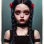 Placeholder: Jenna ortega as wednesday with wednesday addams dress,soft goth libstick, overknee socks, painted by artgerm and tom bagshaw, fantasy art, dramatic lighting, highly detailed oil painting, volumetric lighting