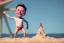 Placeholder: Elon musk as a young baby building a Very tall rocket-shaped sandcastle on the beach. He is wearing a polkadot swimsuit