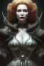 Placeholder: Christina Hendricks as evil queen in black leather, cleavage, angry, stern look. character design by cory loftis, fenghua zhong, ryohei hase, ismail inceoglu and ruan jia. unreal engine 5, artistic lighting, highly detailed, photorealistic, fantasy