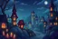 Placeholder: Cartoon whimsical fantasy nighttime city lit by candles