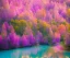 Placeholder: fairies in a magic pink forest with purple and pink trees, pink and blue and yellow flowers and around a turquoise lake, a blue sky and sunlight