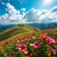 Placeholder: beautiful Green hills covered with flowers colorfull ,blue sky heavy clouds with godray ,very nice flowers at closeup ,wonderfull mountains at distance,beautiful lady clibming at hills full body shot