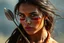 Placeholder: indigenous amazon woman, beautiful woman, young, warrior, tattooed face, red strip ainted eyes, long hair, wind, feather, arrow