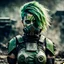 Placeholder: Futuristic battle-scarred green-haired female marauder with a nuclear mask, facemask, grey and black body armor, post-apocalyptic background