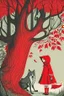 Placeholder: in a cosy vintage style, red riding hood marvels at a red tree while the big bad wolf lurks