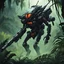 Placeholder: [art by John Paul Leon] helicopterus killer alien with a lot of mini guns, in jungle