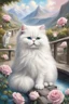 Placeholder: in the center: beautiful fat fluffy white persian cats with babys, with green and blue eyes, sitting on a bridge, under the brigde flows a small blue river; background: landscape with dramatic mountains and white clouds, butterflys flying in the sky; first plan: pink roses;