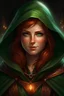 Placeholder: Generate a dungeons and dragons character portrait of the face of a female half-elf warlock with auburn hair and green eyes. She is smirking and glowing with magical energy. She looks mischievous. She is wearing a dark green cloak.