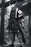 Placeholder: samurai robot in black and white cloak in a cyberpunk environment