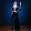 Placeholder: lady in azeri dance custum change clothing color to cyan and black fullbody shot standing in a pretty stage,not decolte,with a long white lace scarf